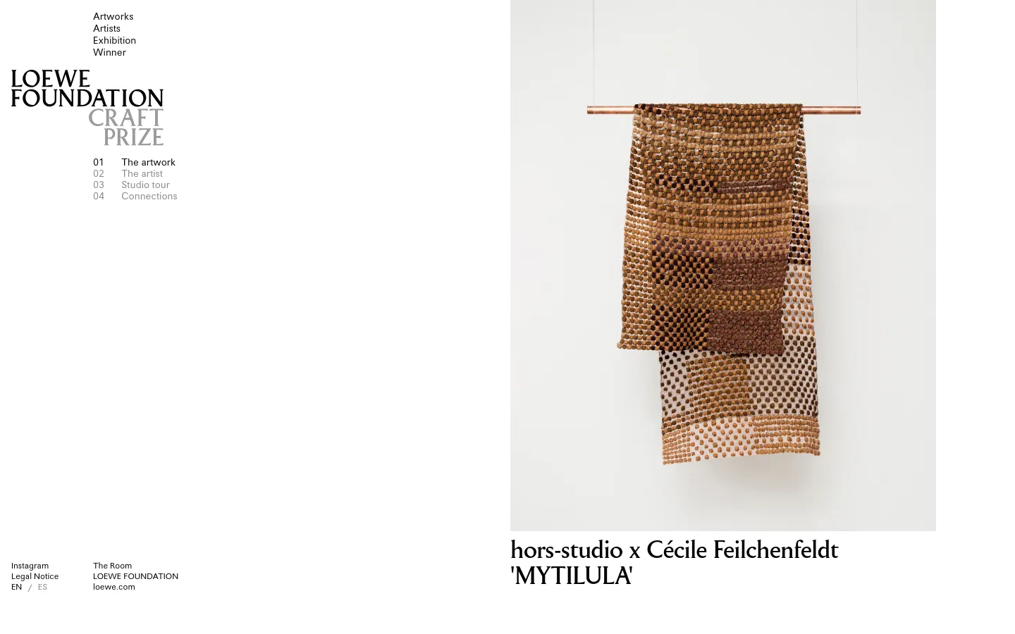 The desktop page features a minimalist layout with a large hero image of a textured, brown woven textile hanging from a copper rod. To the left, the LOEWE FOUNDATION CRAFT PRIZE logo and a vertical navigation menu with numbered links are displayed against a white background. The artist name 'hors-studio x Cécile Feilchenfeldt' and the artwork title 'MYTILULA' appear in bold black text at the bottom left.
