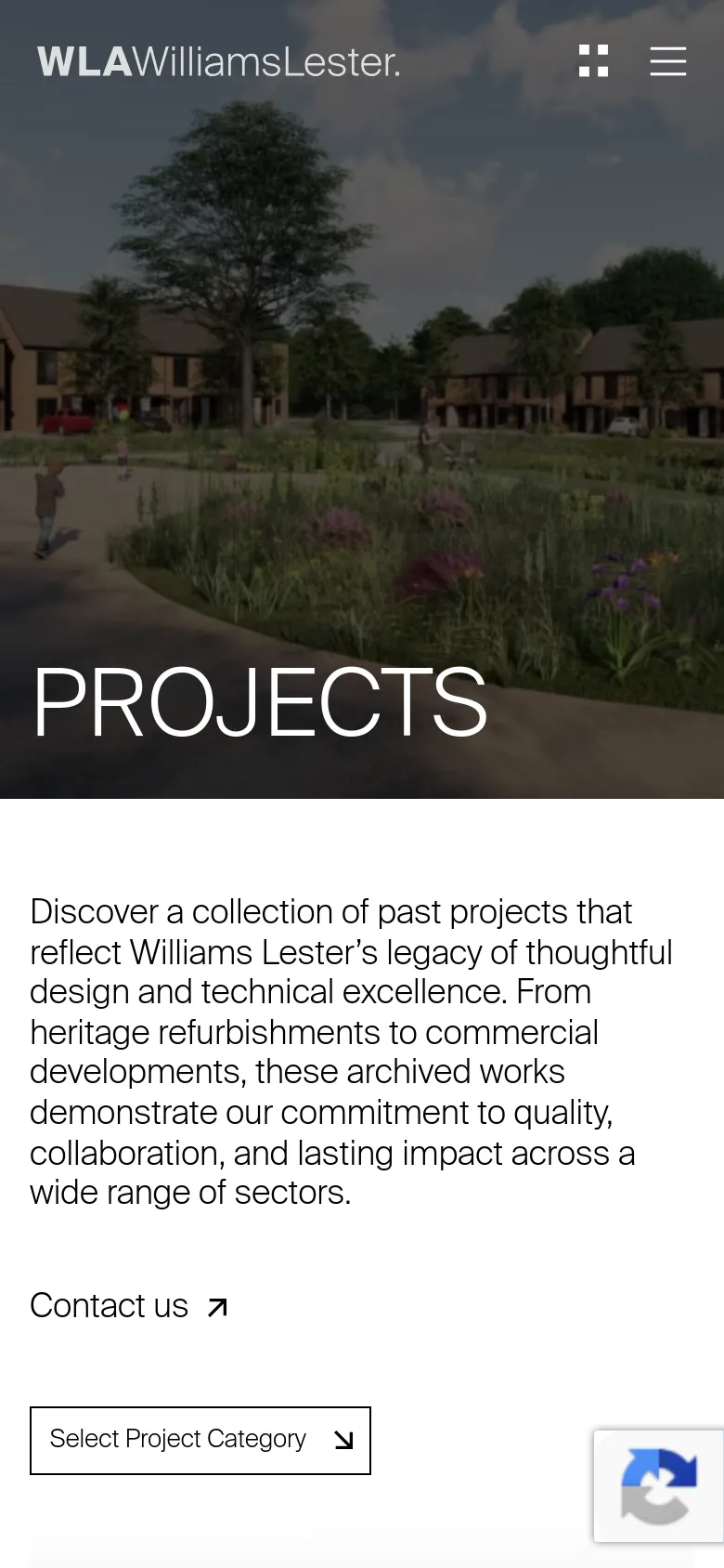 The mobile version presents a vertically stacked layout starting with a full-width hero image and the 'PROJECTS' title. The introductory text follows below, followed by a 'Contact us' link and a prominent 'Select Project Category' dropdown button, optimizing the navigation for a smaller screen.