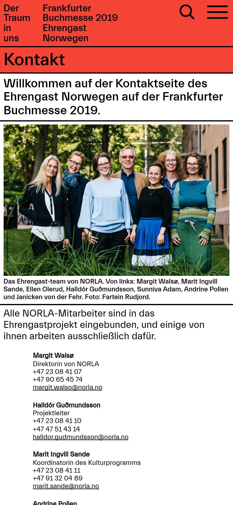 The mobile version presents a condensed view with a red header containing a hamburger menu and search icon. The 'Kontakt' title is prominent, followed by the welcome text, the team group photo, and a vertically stacked list of contact information for the NORLA staff.