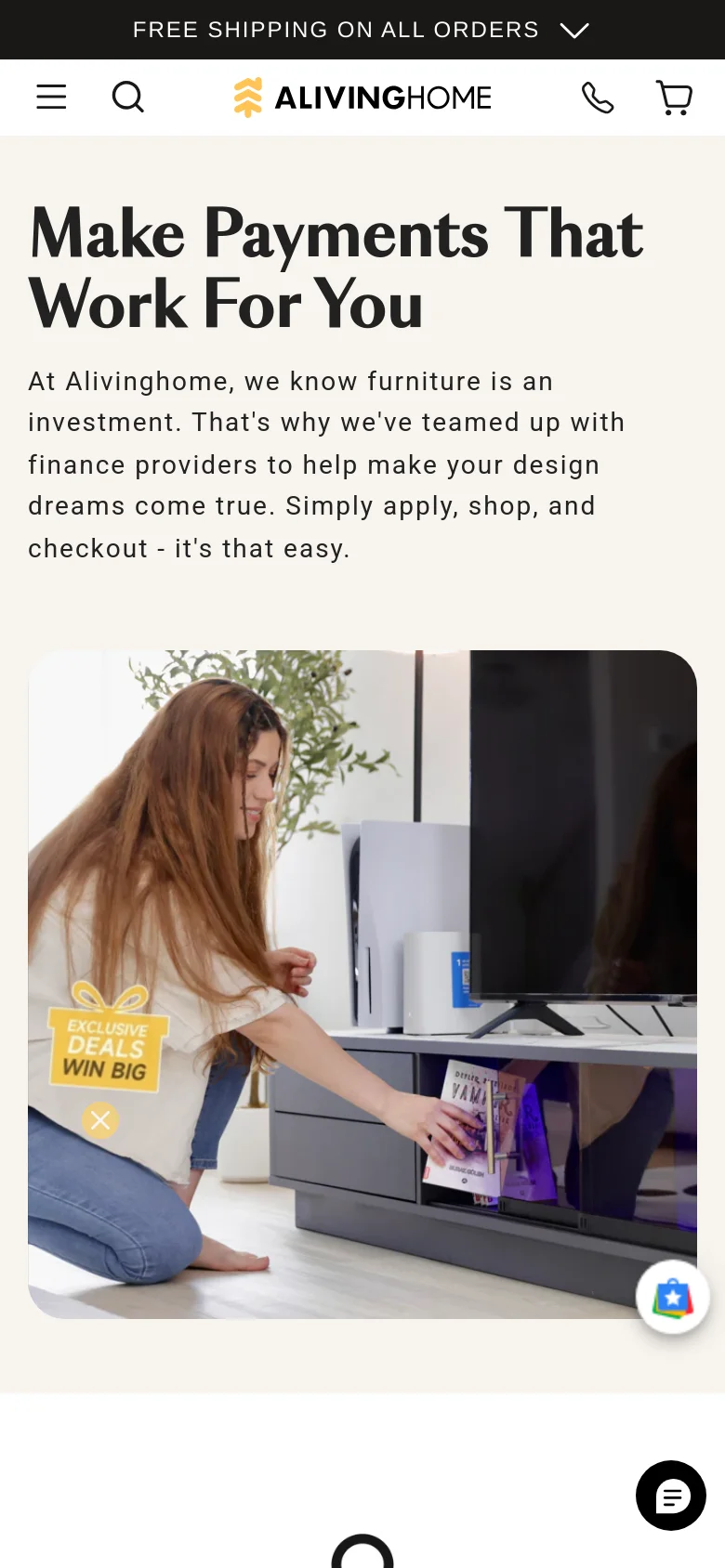 The mobile version presents a vertically stacked layout with the main headline and descriptive text at the top, followed by a large hero image of a woman by a TV stand. The header is condensed into a hamburger menu, search icon, brand logo, phone icon, and shopping cart icon.