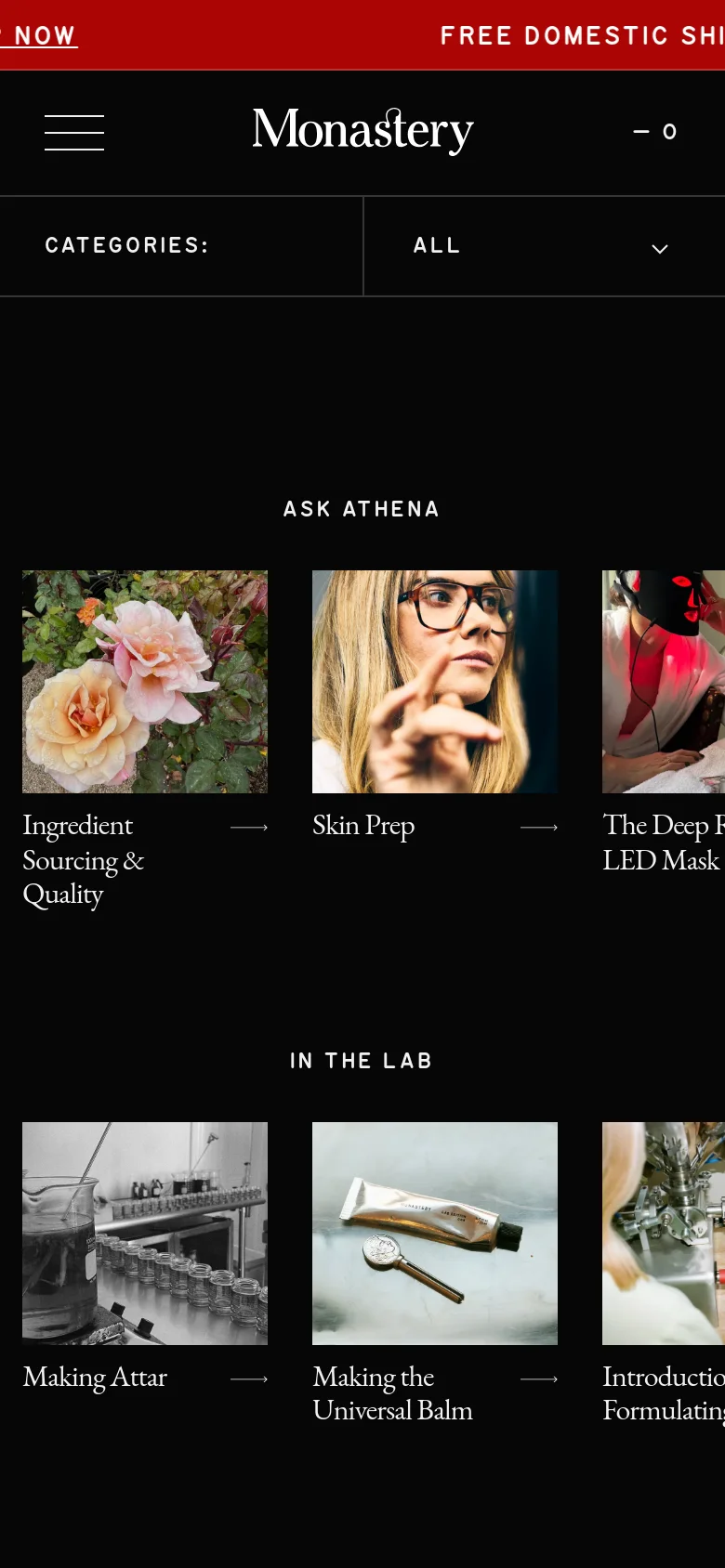 The mobile version presents a simplified, vertically stacked layout on a black background. The category selection is condensed into a dropdown menu labeled 'ALL', and the article grid transitions into a single-column view where images are followed by text links and arrows for easier scrolling.