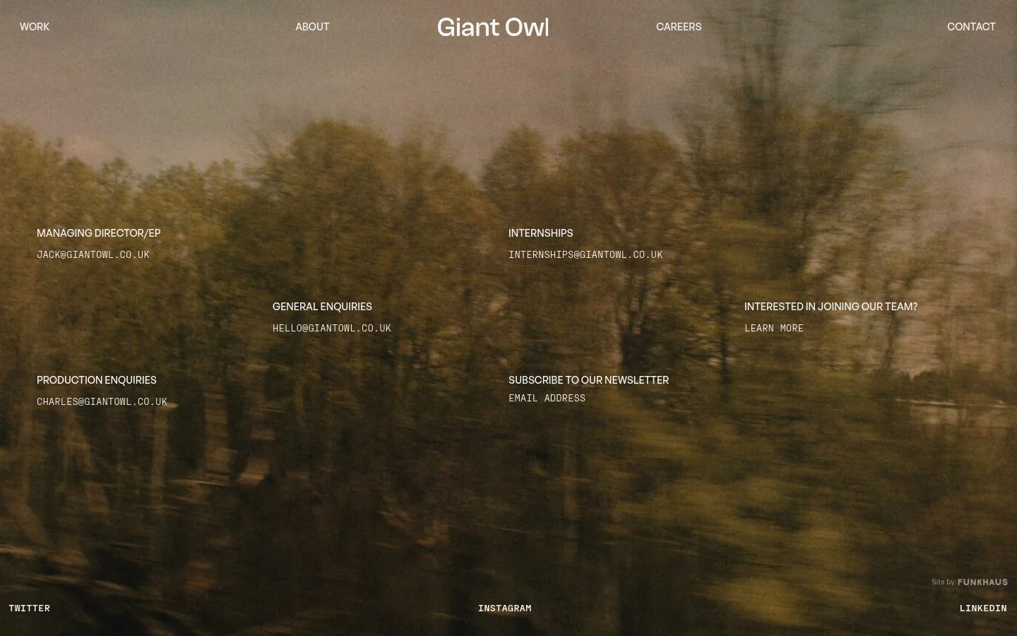 The desktop Contact page features a minimalist layout with white text over a blurred, cinematic background of trees and nature. Navigation links for Work, About, Careers, and Contact are at the top, while contact categories like Managing Director, Internships, and General Enquiries are arranged in a clean grid across the center. Social media links and site credit are positioned at the bottom.