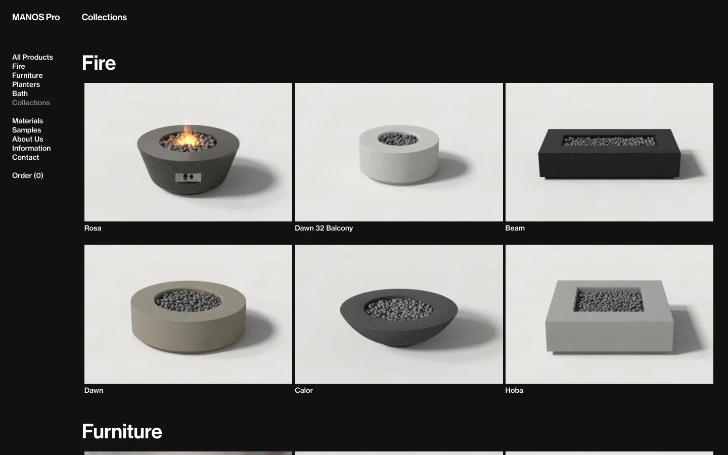 The desktop Collections page features a dark theme with white text and a grid layout showcasing product categories. Under the 'Fire' heading, a grid of high-quality product images displays various fire pits like Rosa, Dawn 32 Balcony, and Beam, each accompanied by its name and available size count. A sidebar navigation menu is visible on the left side of the screen.