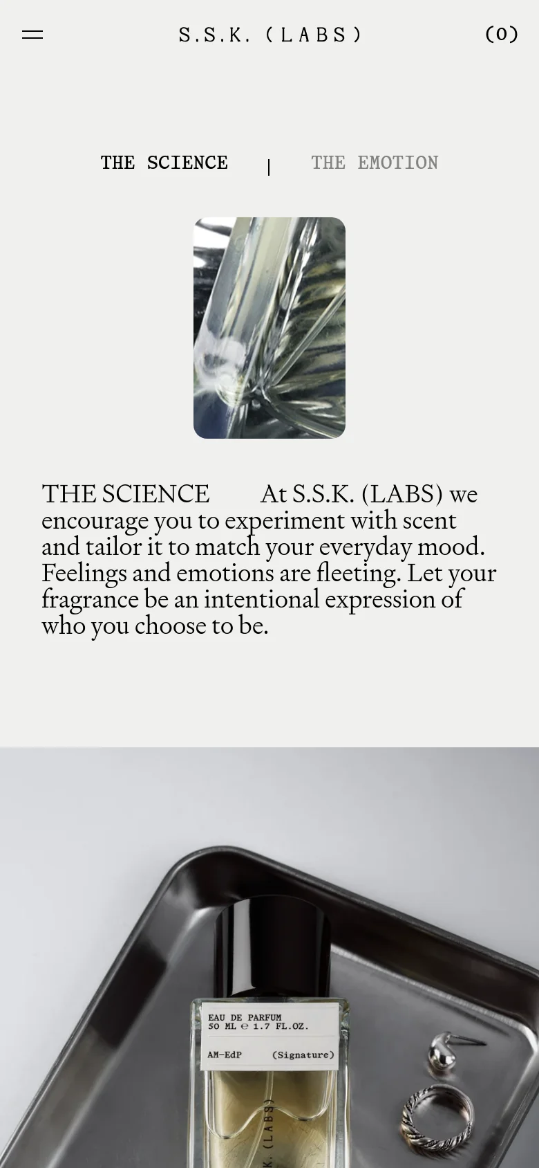 The mobile version uses a single-column vertical layout, stacking the imagery and text sections for easier scrolling. The navigation is condensed into a hamburger menu, and the text remains centered to maintain the brand's minimalist aesthetic.