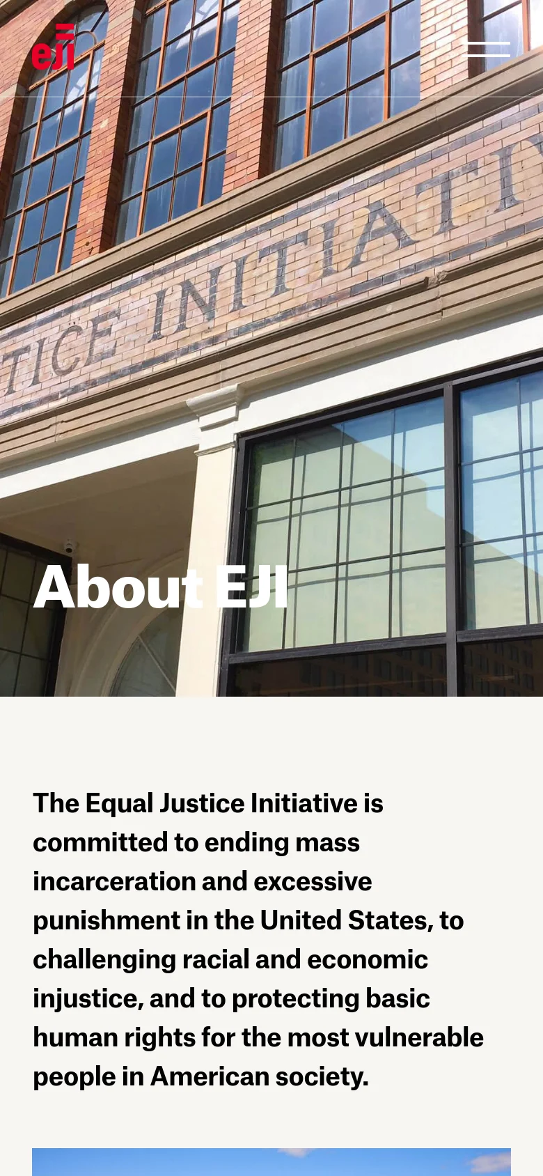 The mobile version shows a vertically oriented view of the brick building hero image with the 'About EJI' headline prominently displayed. The top navigation is condensed into a hamburger menu icon next to the EJI logo, and the main body text begins below the hero image on a white background.