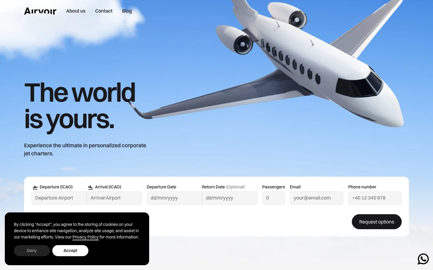 The desktop homepage features a large hero image of a white private jet flying through a bright blue sky with white clouds. A bold headline reads 'The world is yours' above a flight booking form with fields for departure, arrival, dates, passengers, and contact information. The navigation bar at the top includes the Airvoir logo and links for About us, Contact, and Blog, alongside a 'Book a flight' button.