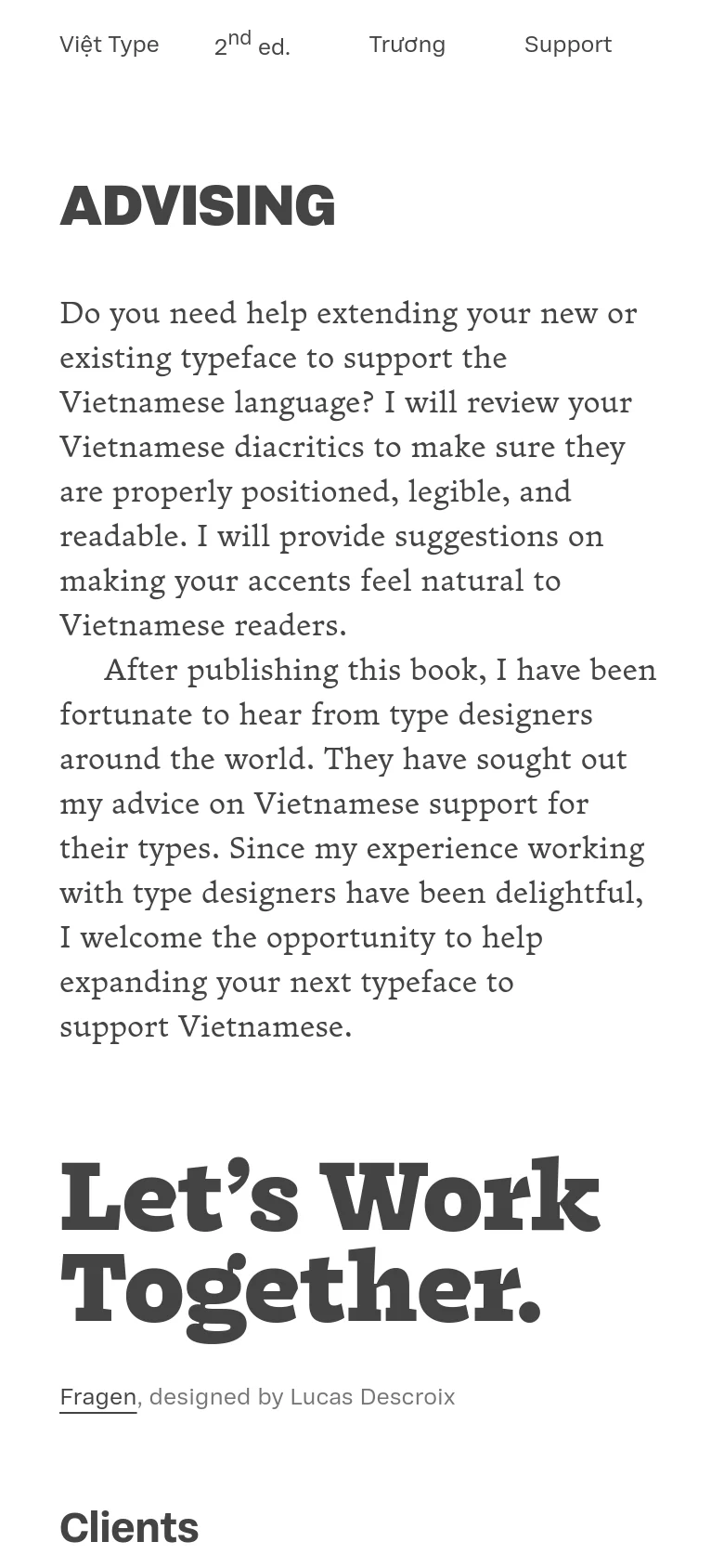 The mobile version uses a single-column vertical layout to accommodate the narrow screen. The 'ADVISING' headline and introductory text appear at the top, followed by the large 'Let's Work Together.' text, and finally the client list which is stacked vertically.