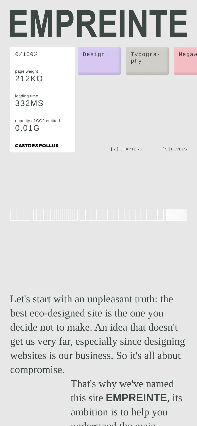 The mobile version simplifies the layout into a vertical stack, focusing on the large 'EMPREINTE' title and the eco-metrics box at the top. The floating topic tiles are rearranged to fit a narrower screen, and the introductory text is positioned prominently below the header to ensure readability on a smaller device.