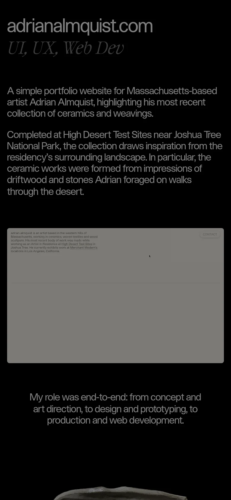 The mobile version maintains the dark theme and white typography but uses a single-column vertical layout. The text is centered and scaled for a narrow screen, with the large gray image placeholder occupying the central portion of the viewport.