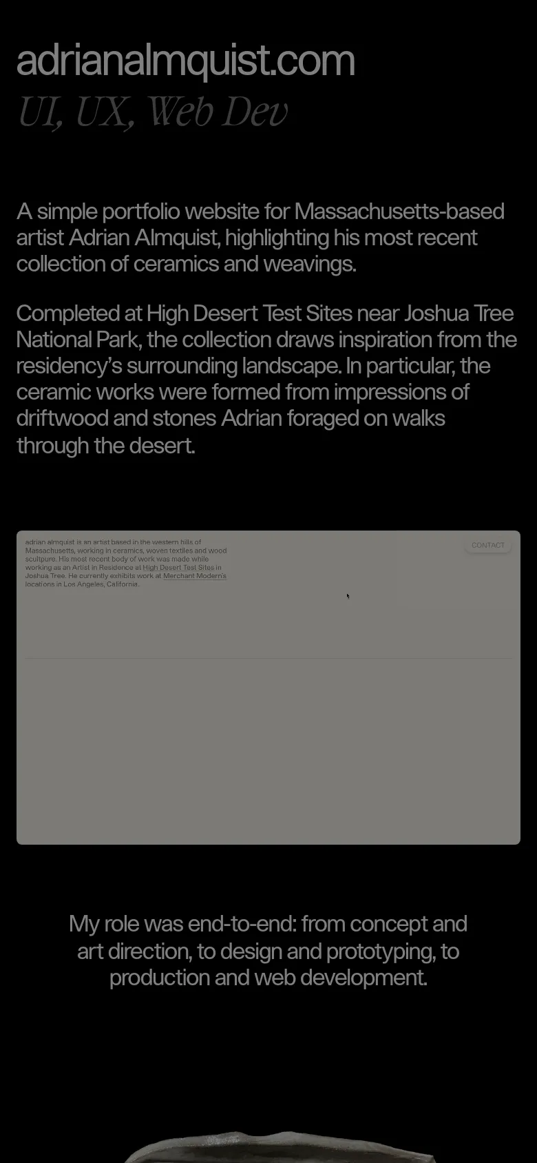 The mobile version maintains the dark theme and white typography but uses a single-column vertical layout. The text is centered and scaled for a narrow screen, with the large gray image placeholder occupying the central portion of the viewport.
