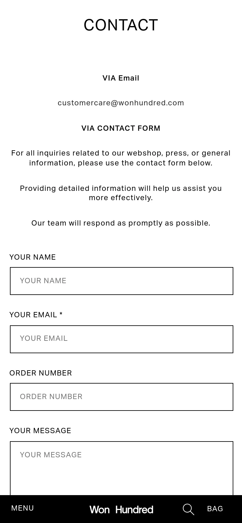 The mobile version maintains the minimalist white and black aesthetic but uses a vertical stack for all elements. The header is replaced by a bottom navigation bar containing 'MENU', the brand logo, a search icon, and 'BAG'. The contact form fields and text are scaled to fit the narrower screen width.