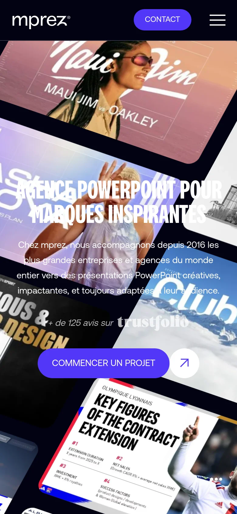 The mobile version presents a vertically stacked layout with the same colorful slide collage serving as the background. The headline and description are centered, and the purple 'COMMENCER UN PROJET' button is prominently displayed in the lower middle section. The navigation is condensed into a hamburger menu icon in the top right corner next to a purple 'CONTACT' button.