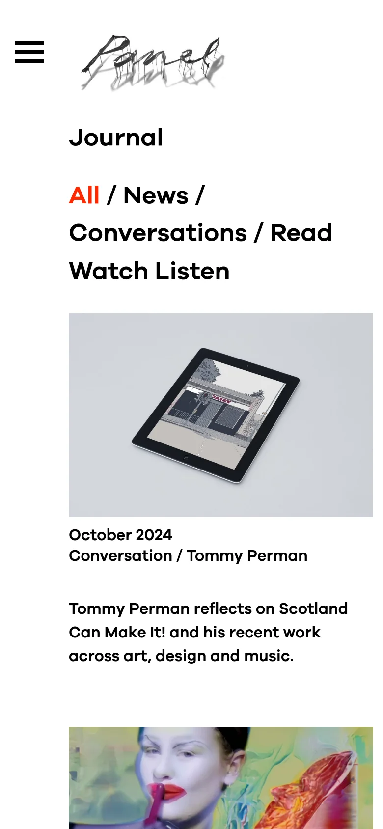 The mobile version simplifies the layout by moving the navigation menu into a hamburger icon at the top left. The 'Journal' heading and category filters are centered above a vertical feed of articles, featuring large images, dates, and headlines like 'Conversation / Tommy Perman' that span the width of the screen.