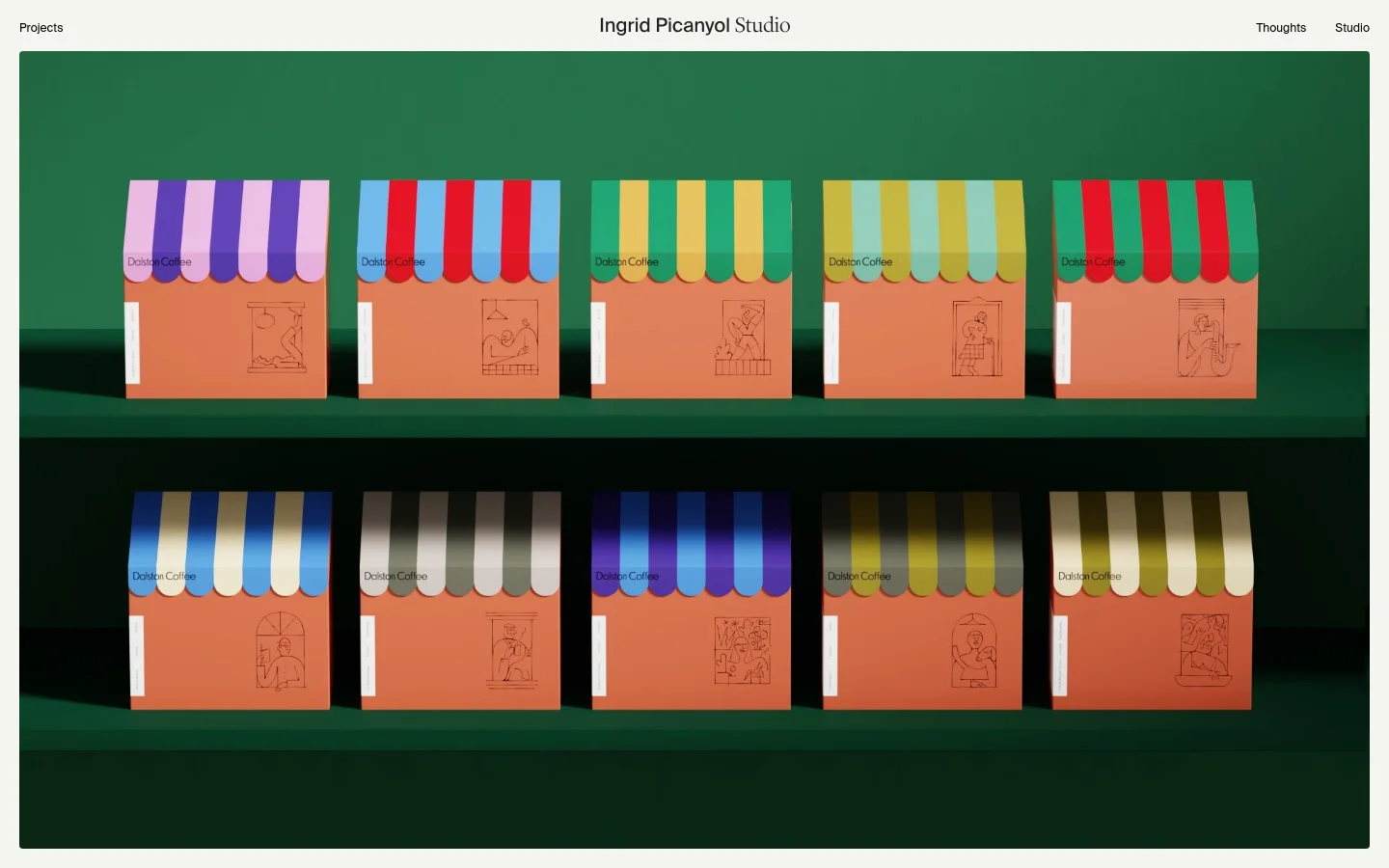 The desktop homepage for Ingrid Picanyol Studio features a minimalist white navigation bar at the top with links for Projects, Thoughts, and Studio. The main content area displays a large grid of colorful, stylized graphic design projects set against a deep green background, arranged in two rows of rectangular blocks.