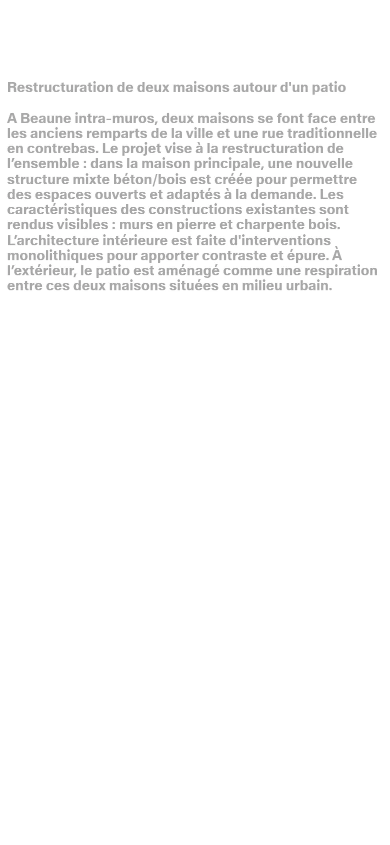The mobile version maintains the minimalist white and black aesthetic but uses a single-column layout. The navigation links are positioned at the top, followed by the main title, a long block of descriptive text, and the project details listed vertically below.