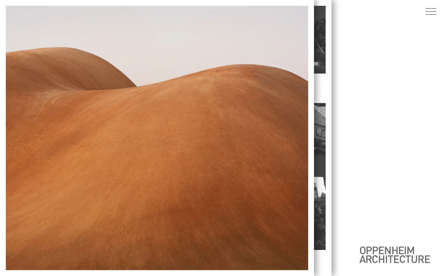 The Oppenheim Architecture homepage features a minimalist design with a large, high-resolution hero image of undulating, reddish-brown desert sand dunes. The site title is displayed in a bold, grey sans-serif font on the left, with a simple hamburger menu icon on the right against a clean white background.
