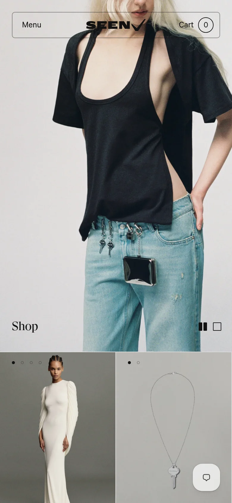 The mobile version displays a vertically stacked layout starting with a large hero image of the model. A simplified header contains a 'Menu' button on the left, the 'SEEN' logo in the center, and a 'Cart' icon on the right, with product images appearing in a single-column scroll below.