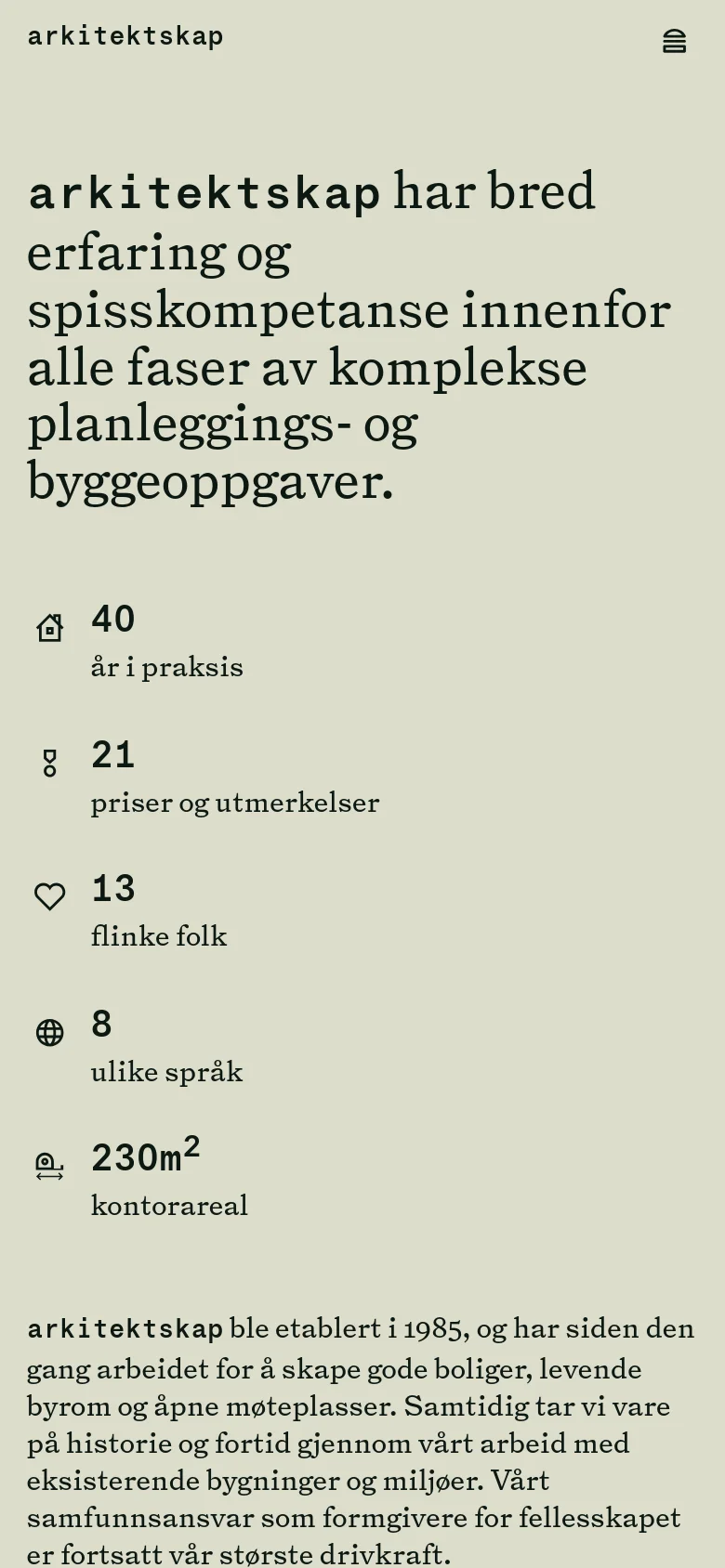 The mobile version maintains the minimalist beige and black aesthetic but uses a vertical stack layout. The headline is prominent at the top, followed by the statistical list with icons, and the text content flows downward. The bottom navigation is replaced by a hamburger menu icon in the top right corner.