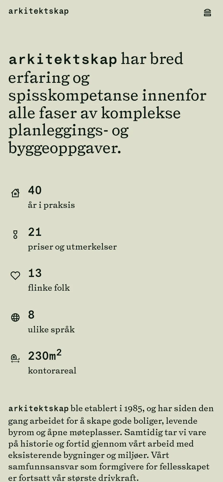 The mobile version maintains the minimalist beige and black aesthetic but uses a vertical stack layout. The headline is prominent at the top, followed by the statistical list with icons, and the text content flows downward. The bottom navigation is replaced by a hamburger menu icon in the top right corner.