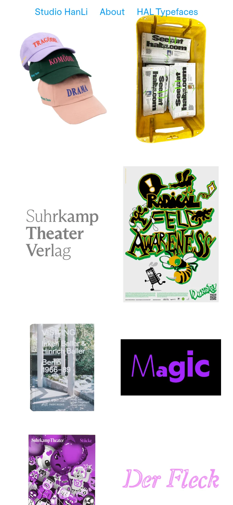 The mobile version simplifies the layout into a single-column vertical scroll, stacking the project images and titles for easier viewing on small screens. The navigation menu is condensed, and the large grid from the desktop view is replaced by a linear list of prominent visual elements.