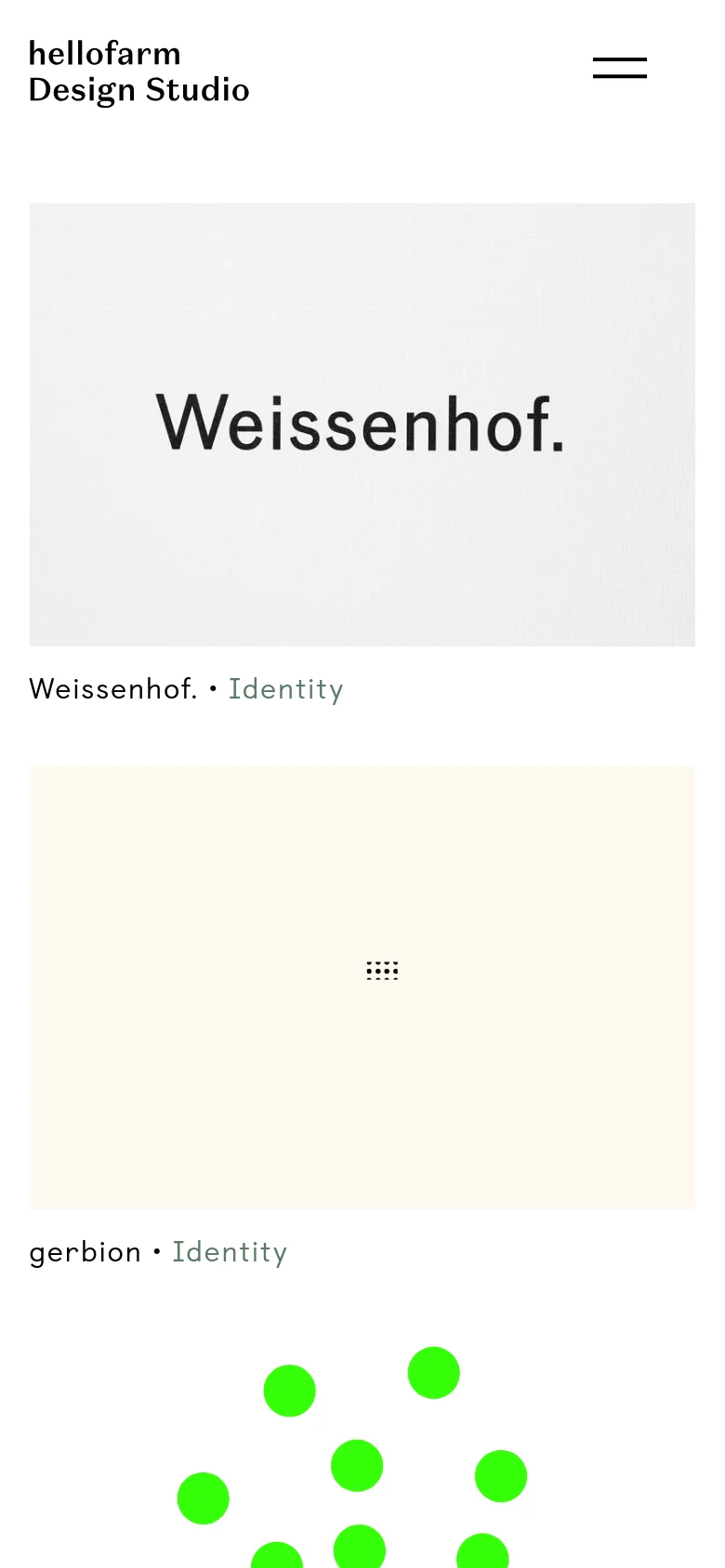 The mobile version simplifies the layout into a single-column vertical scroll. The navigation menu is replaced by a hamburger icon, and project tiles like 'Weissenhof.' appear as large, full-width images stacked vertically.