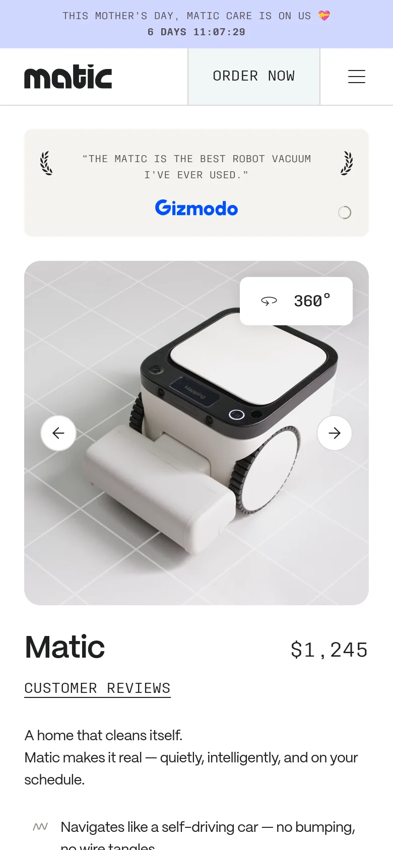 The mobile version presents a vertically stacked layout with the product name, price, and customer reviews prominently at the top. Below this, a large interactive 360-degree image of the Matic robot occupies the center of the screen, followed by descriptive text and feature lists. The design is simplified for scrolling, with a condensed header and a prominent 'ORDER NOW' button.