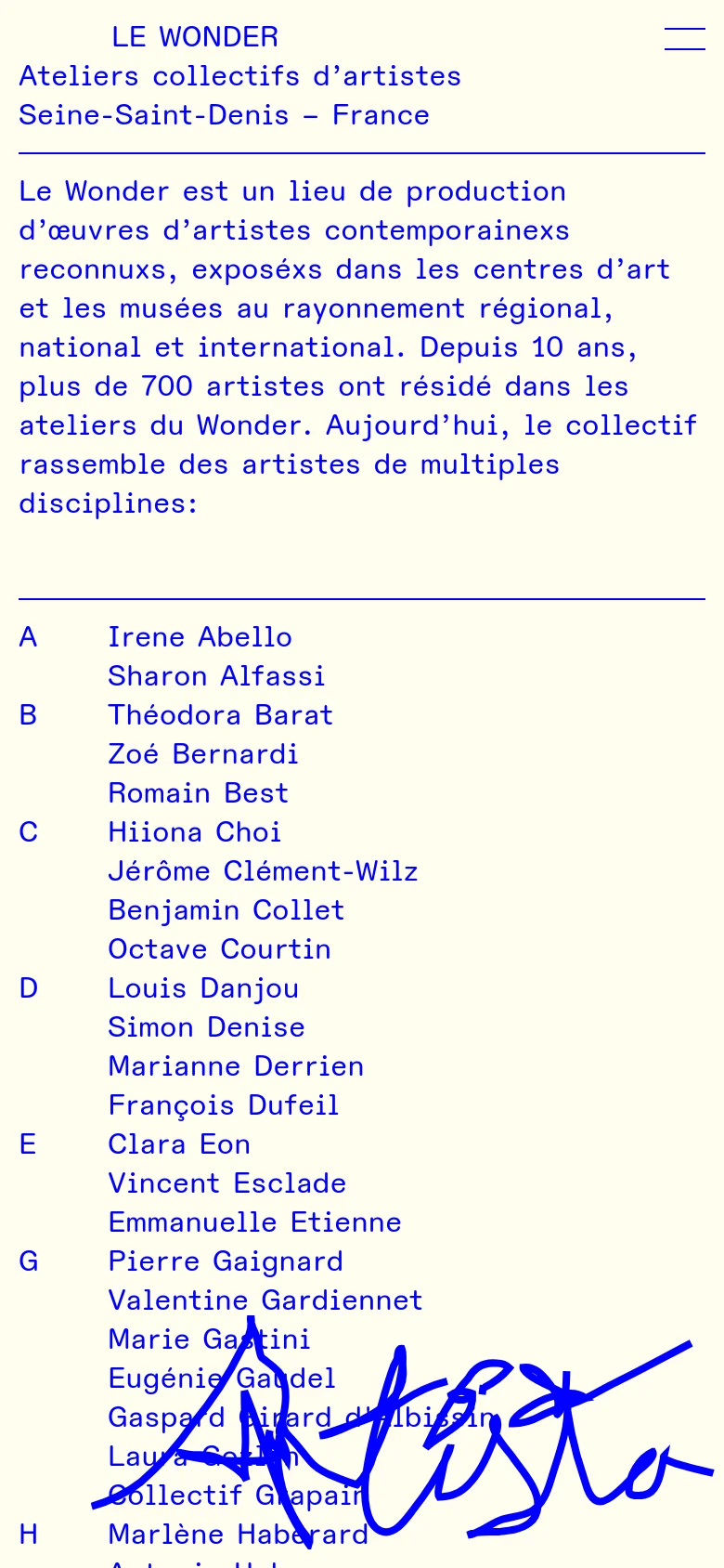The mobile version uses a single-column layout optimized for vertical scrolling. The header is simplified with a hamburger menu, and the content flows vertically starting with the introductory text about Le Wonder, followed by the alphabetical list of artist names. The large profile images and detailed biographies seen on desktop are moved further down the scrollable list.
