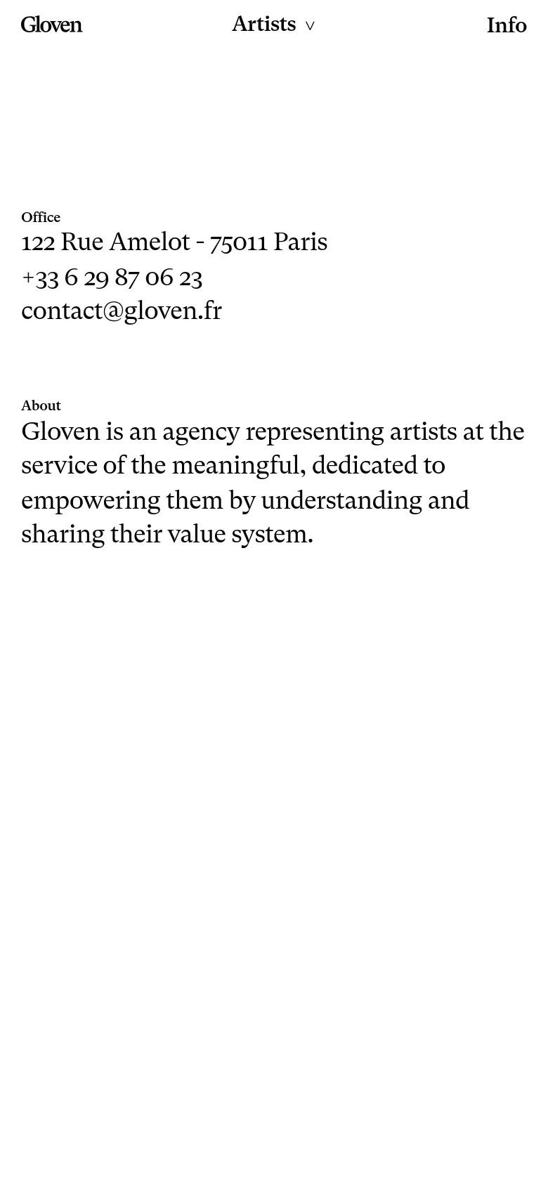 The mobile version maintains the minimalist white and black aesthetic but uses a simplified vertical layout. The navigation is condensed, and the contact information and 'About' text are stacked vertically for easier scrolling on a smaller screen.