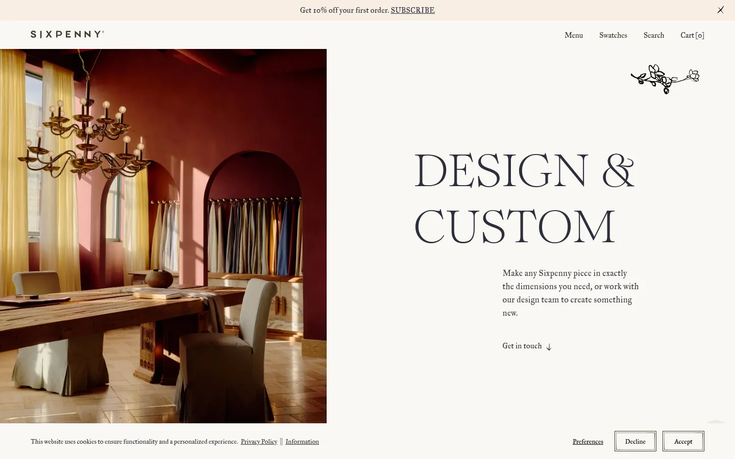 The desktop page features a split-screen hero section with a large lifestyle image of a dining area on the left and the headline 'DESIGN & CUSTOM' on a cream background on the right. Below the hero, the layout uses alternating text and image blocks to describe custom orders and design consults, showcasing furniture like a custom desk and a textured sectional. A 'Get in touch' call to action is prominent, and the overall color palette is warm and neutral.