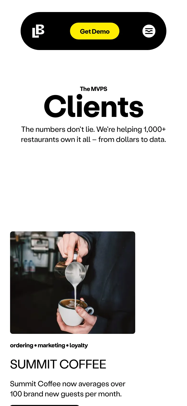 The mobile version simplifies the layout, replacing the full navigation bar with a black floating pill-shaped footer containing the Lunchbox logo, a yellow 'Get Demo' button, and a menu icon. The hero text 'Clients' and its supporting subtext are centered and scaled down to fit the narrower screen width, maintaining the high-contrast black-on-white aesthetic.