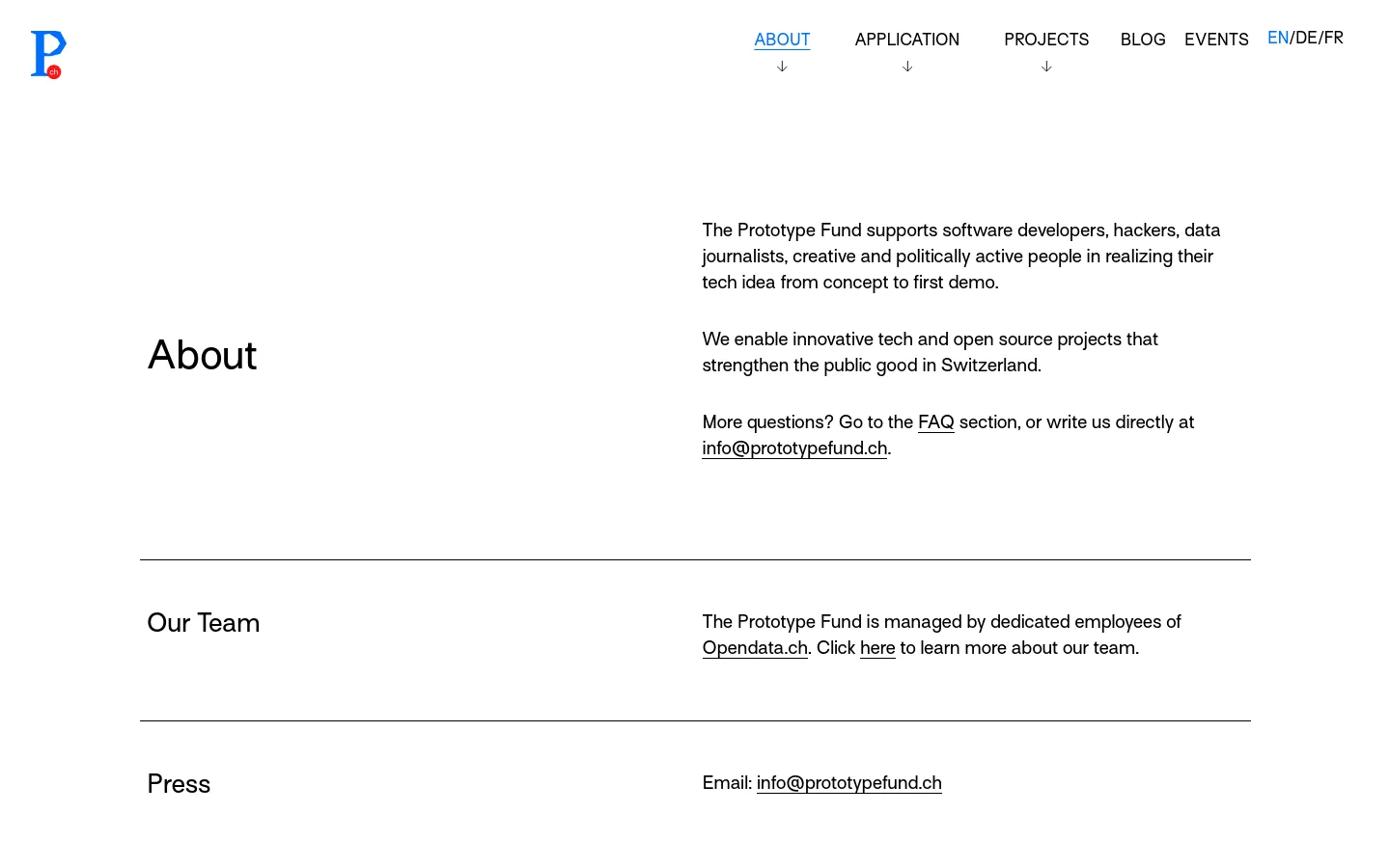 The desktop About page features a clean, minimalist white layout with a blue logo in the top left and a horizontal navigation menu. The content is split into two columns, with large headings like 'About', 'Our Team', and 'Press' on the left and descriptive text on the right. Primary text explains the fund's mission to support open source projects in Switzerland.