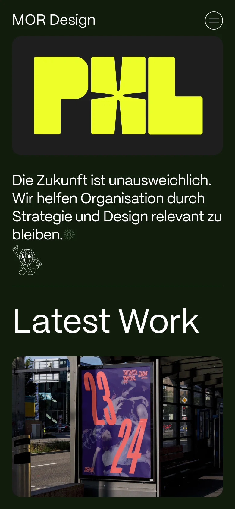 The mobile version simplifies the layout with a dark green background and a hamburger menu icon in the top right. The hero illustration remains prominent, followed by the white headline and a vertical stack of project images under the 'Latest Work' heading.