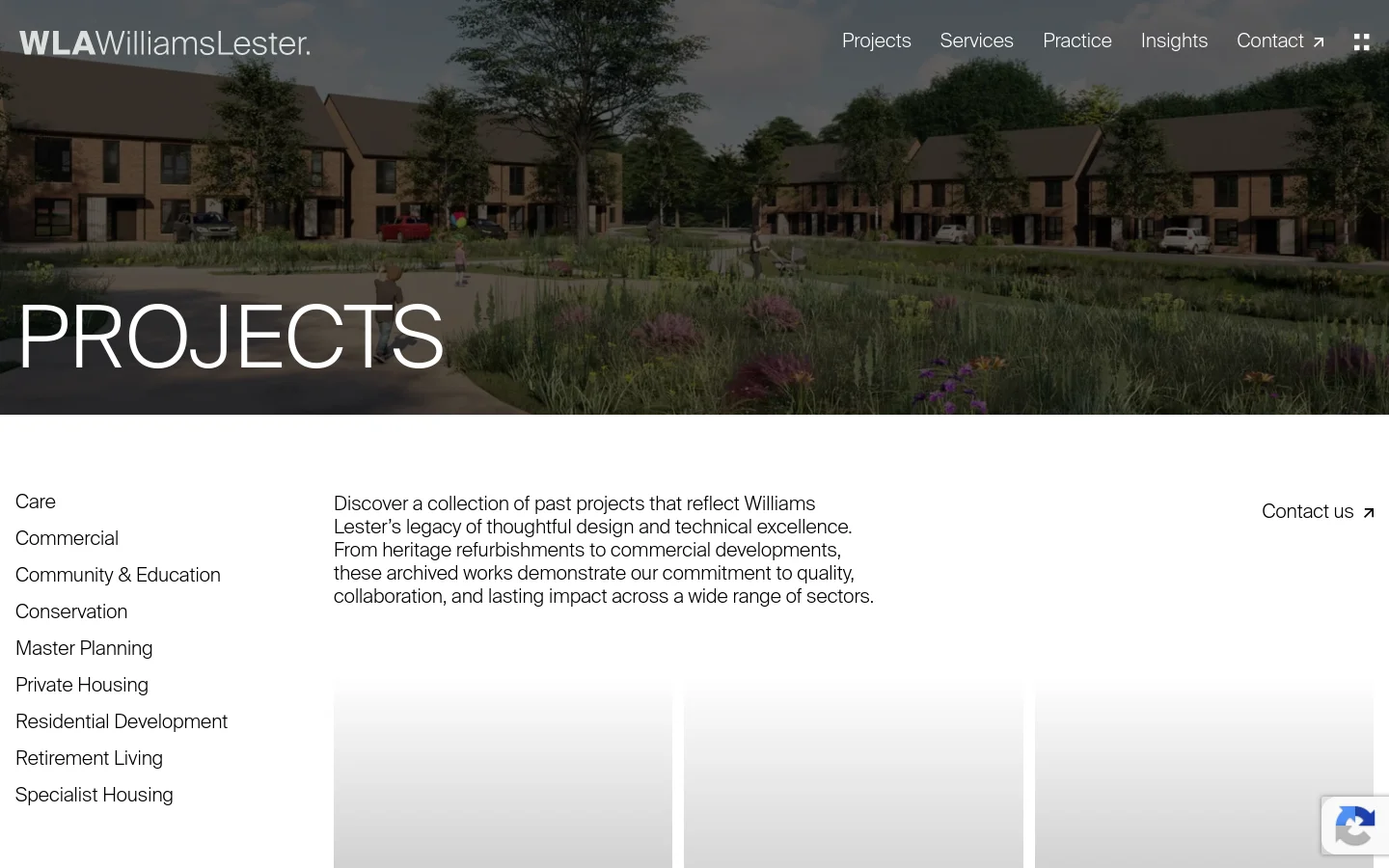 The desktop page features a large hero image of a modern residential development with greenery, overlaid with the large white heading 'PROJECTS'. Below, a two-column layout displays a list of project categories on the left and an introductory text paragraph on the right, with a 'Contact us' call to action. The design uses a clean, minimalist aesthetic with a white background and dark text.