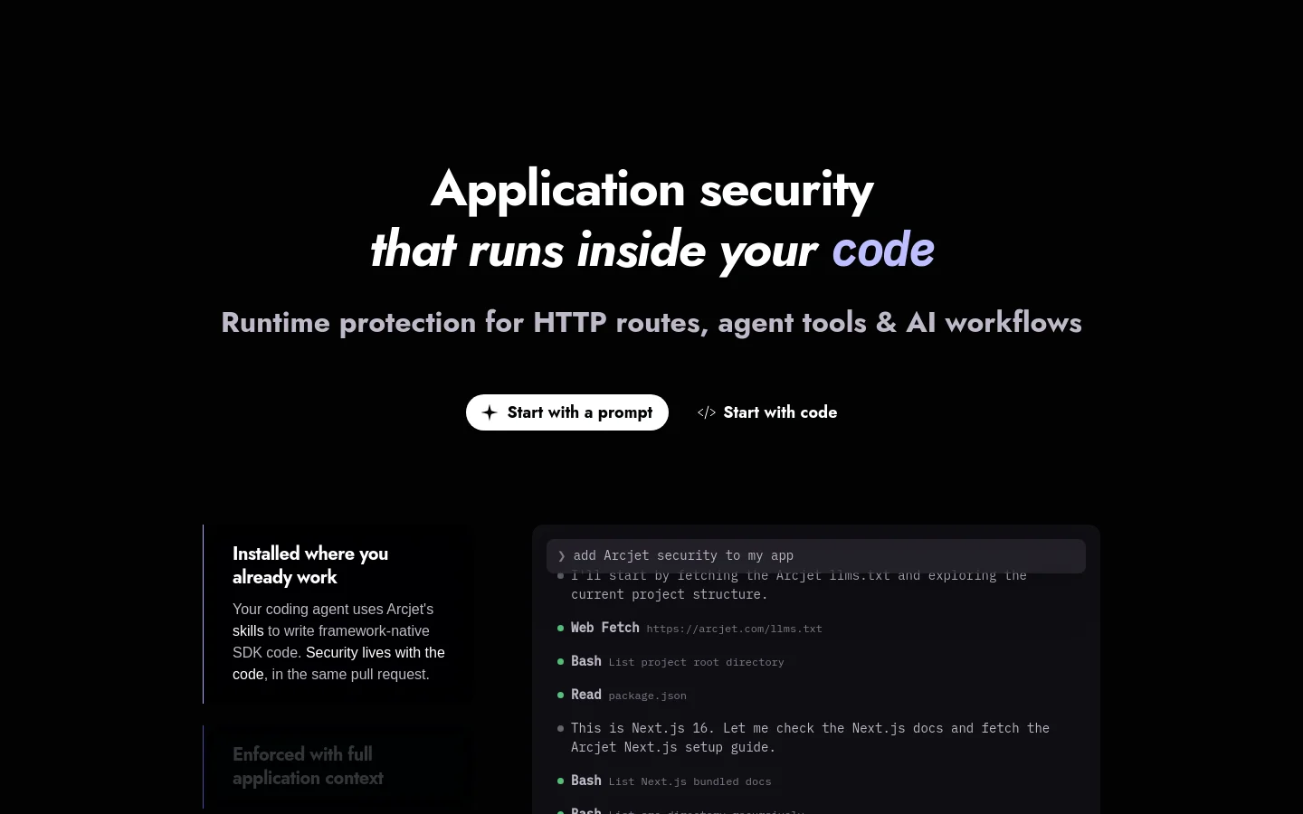 The desktop homepage features a dark theme with white and light blue text. A large hero headline reads 'Application security that runs inside your code' followed by a subheadline about runtime protection. Two primary call-to-action buttons, 'Start with a prompt' and 'Start with code', are centered above a dark code block window showing implementation examples.
