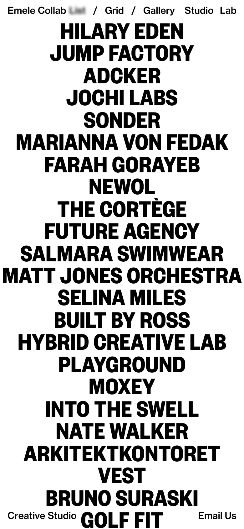 The mobile version maintains the minimalist black-on-white aesthetic but rearranges the navigation links into a more compact header. The central content remains a large, vertically stacked list of project names in bold black text, optimized for scrolling on a smaller screen.