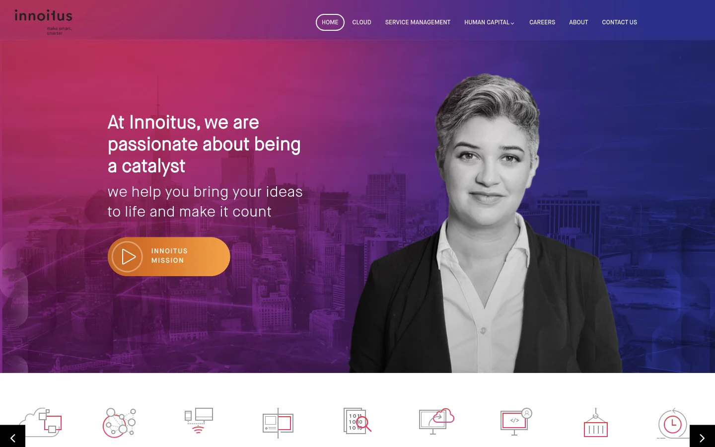 Desktop homepage with a purple and blue gradient background featuring a large portrait of a woman and a city skyline. The headline reads 'At Innoitus, we are passionate about being a catalyst' next to an orange 'Innoitus Mission' video play button. A navigation menu is at the top, and a row of red line icons representing services like Cloud Native and Micro Services sits at the bottom.