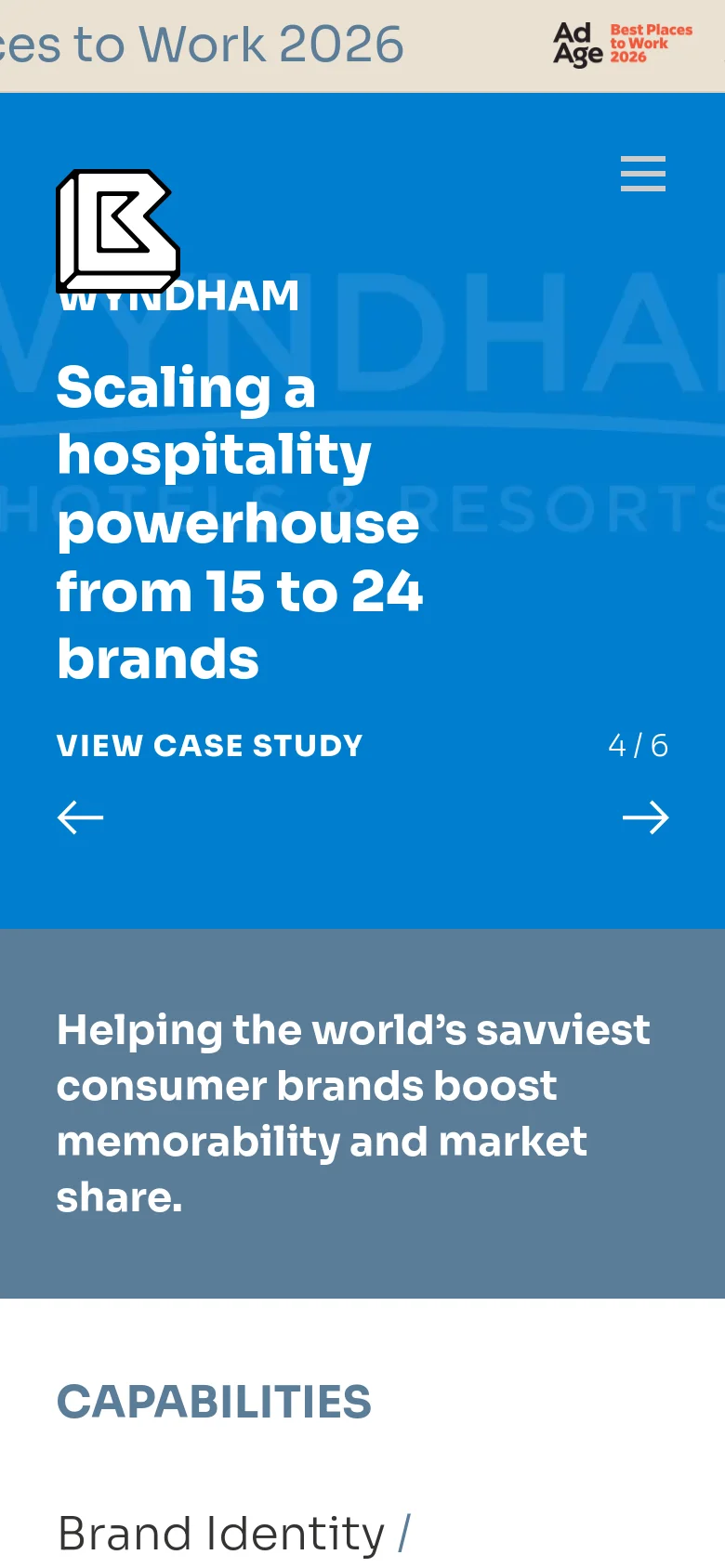 The mobile version simplifies the layout, replacing the top navigation links with a hamburger menu icon next to the logo. The hero section maintains the blue background and large white typography for the Wyndham case study, but the text is stacked vertically to fit the narrower screen width.