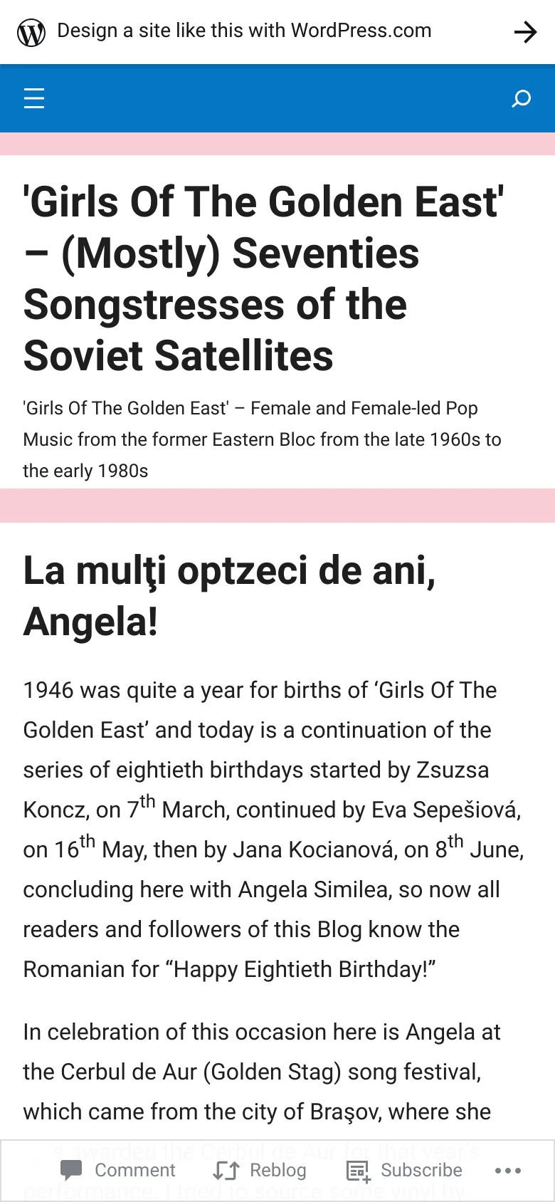 The mobile version shows a condensed view with a blue header containing a hamburger menu and search icon. The large teal site header is replaced by a white section with the site title in bold black text, followed by a brief description of the blog's focus.
