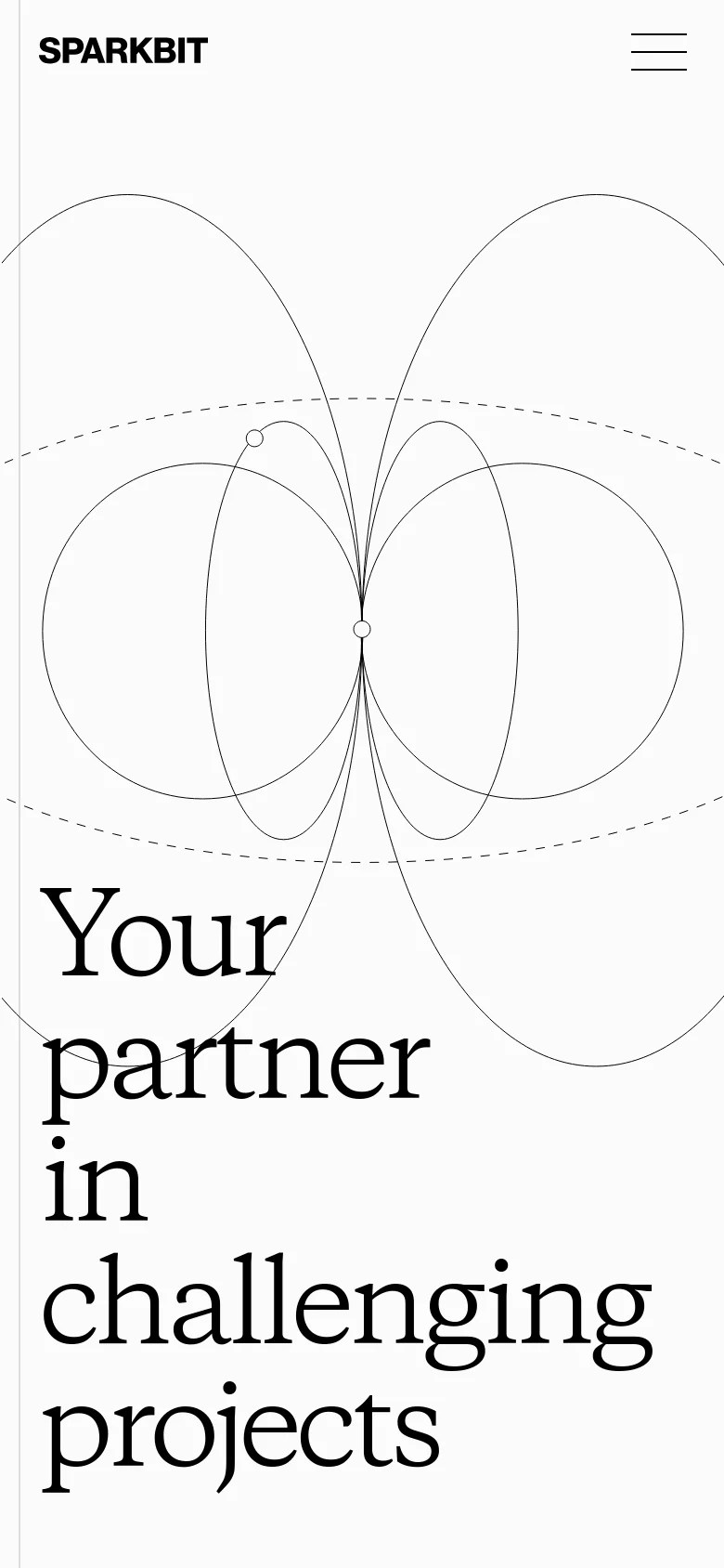 The mobile version maintains the minimalist white aesthetic and large serif headline but uses a condensed layout. The navigation is simplified into a hamburger menu icon in the top right, and the abstract geometric line art is scaled to fit the narrower viewport.