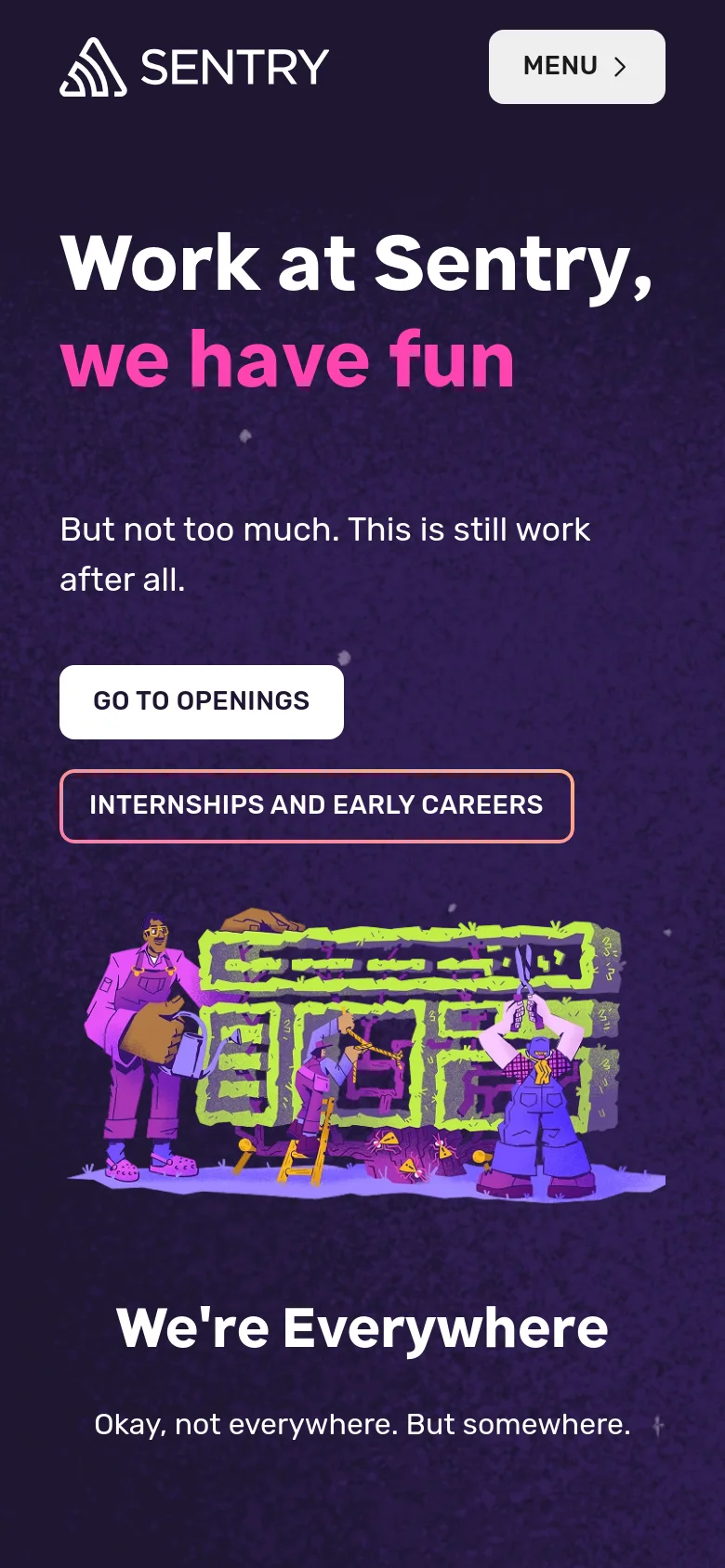 The mobile version of the Careers page uses a single-column layout with the headline 'Work at Sentry, we have fun' centered at the top. The 'GO TO OPENINGS' and 'INTERNSHIPS AND EARLY CAREERS' buttons are stacked vertically, and the office illustration is positioned below the buttons. The dark purple theme and typography remain consistent with the desktop version.