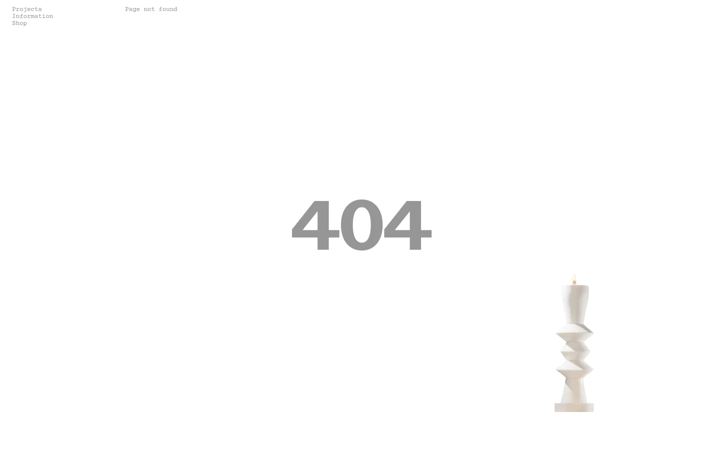 Hélène del Marmol 404 error page featuring large gray 404 typography on a minimalist off-white background. A sculptural white candle sits in the bottom right corner, accompanied by a simple text navigation menu in the top left.
