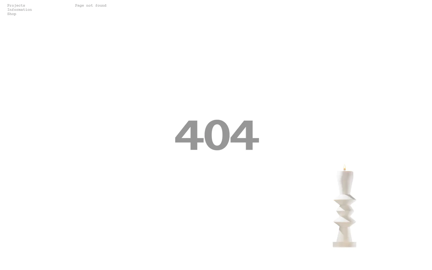 Hélène del Marmol 404 error page featuring large gray 404 typography on a minimalist off-white background. A sculptural white candle sits in the bottom right corner, accompanied by a simple text navigation menu in the top left.