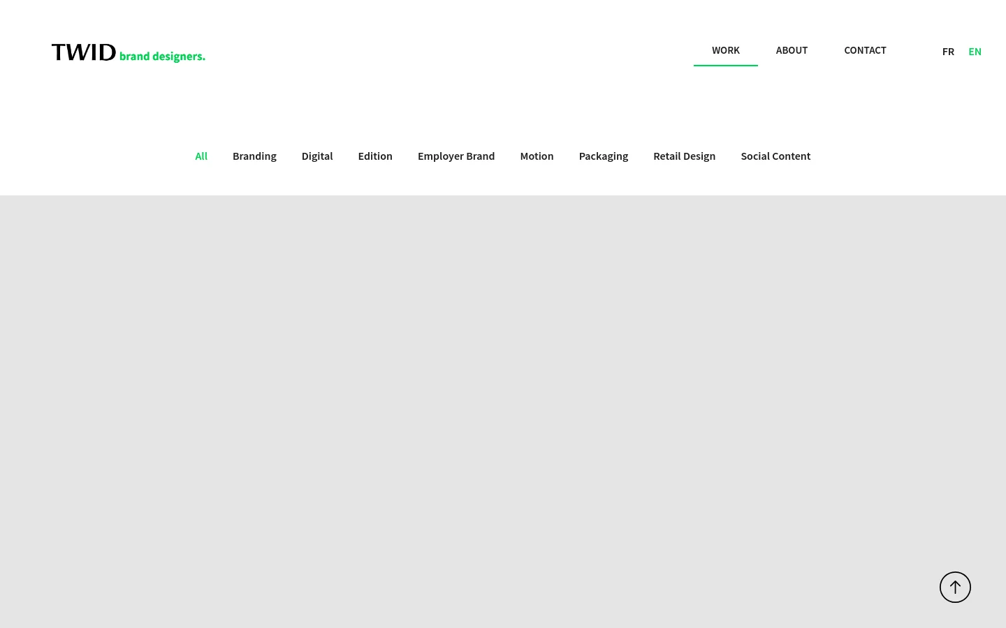 The desktop Work page features a minimalist white header with the TWID logo, navigation links for Work, About, and Contact, and language selectors. Below the header, a horizontal filter menu lists project categories like Branding and Digital against a light grey background, followed by a large project thumbnail for 'DIGITRIPS' showing an airplane in a sunset sky.