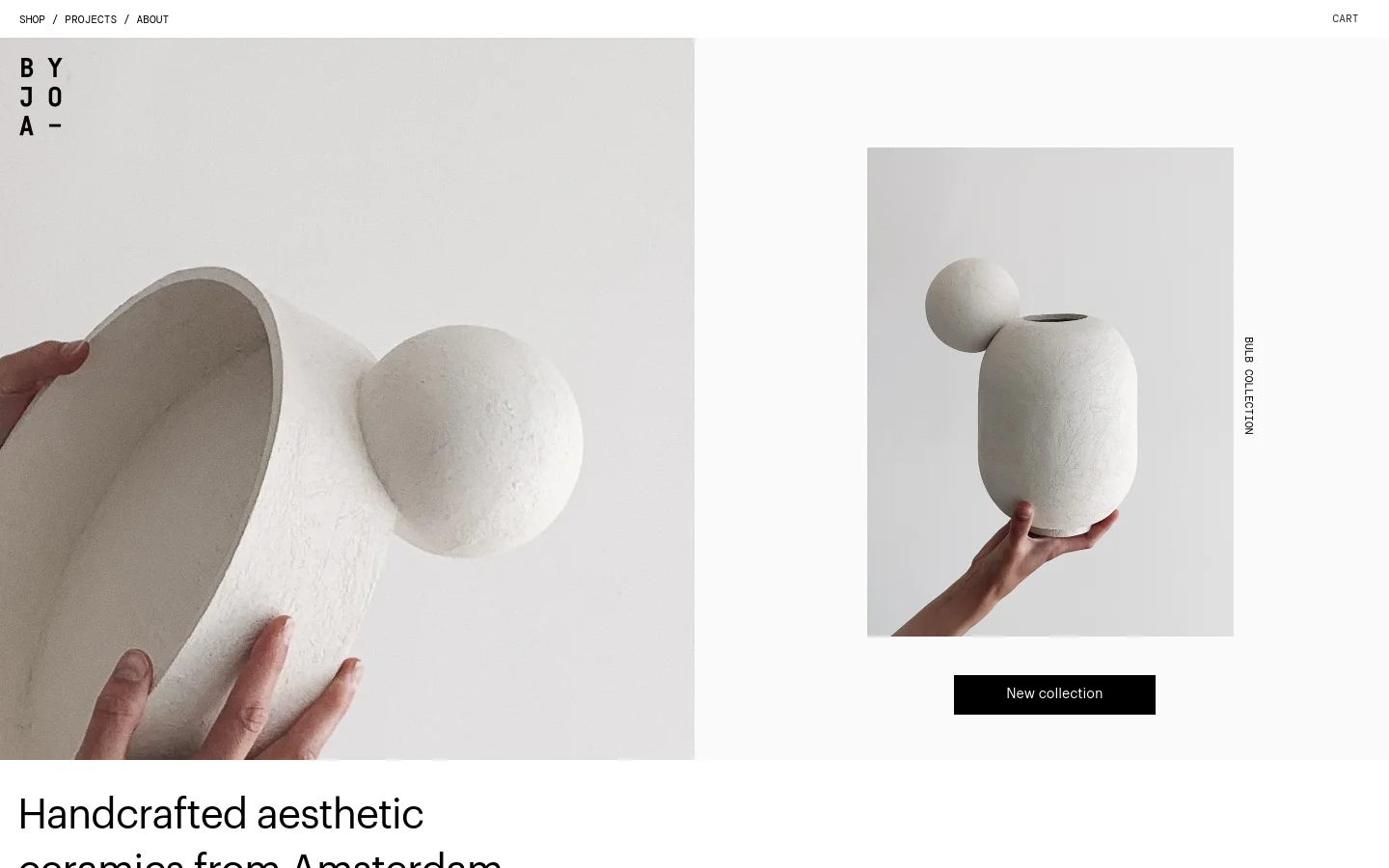 The desktop homepage features a minimalist design with a large hero image of white ceramic bulb-shaped vessels against a light background. Navigation links for Shop, Projects, and About are at the top left, with a 'New collection' call-to-action button positioned over the imagery. The color palette is neutral, dominated by whites, creams, and soft greys.