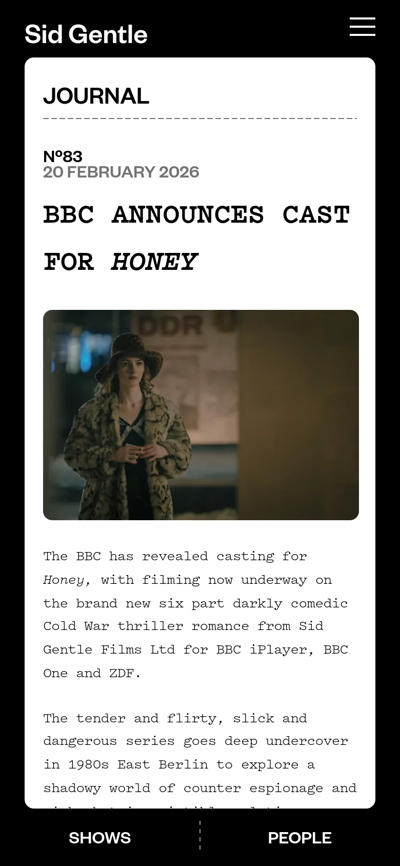 The mobile version transitions to a single-column layout with a black header containing the Sid Gentle logo and a hamburger menu. The white content card spans the width of the screen, displaying the same journal article, headline, and hero image in a vertically stacked format.