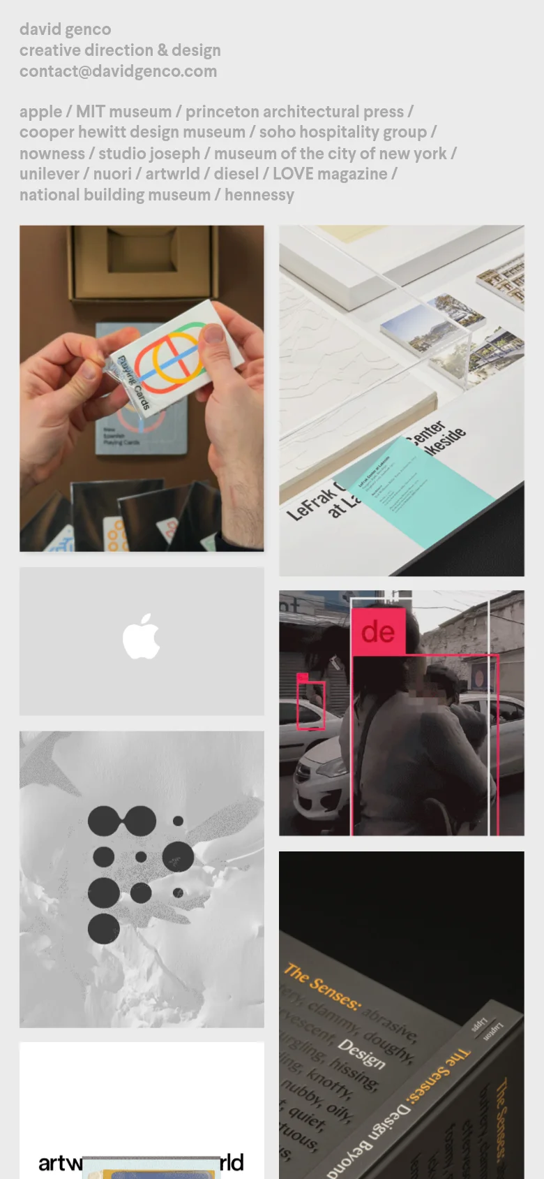 The mobile version maintains the minimalist light gray aesthetic but transitions to a single-column vertical layout. The header text and client list are stacked, and the project grid becomes a continuous vertical scroll of large, full-width images.