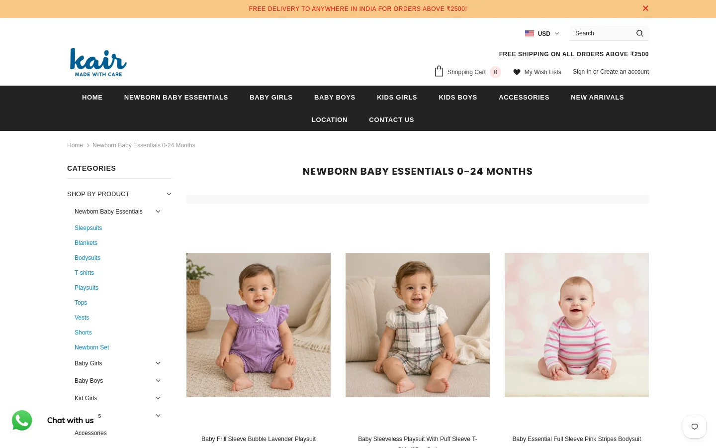 The desktop view shows the Kair Fashion website with a white header containing the logo, search bar, and shopping cart. A black navigation bar lists categories like Newborn Baby Essentials and Baby Girls. Below, a large heading reads 'NEWBORN BABY ESSENTIALS 0-24 MONTHS' above a grid of product images featuring babies in various outfits, such as a lavender playsuit and a plaid playsuit.