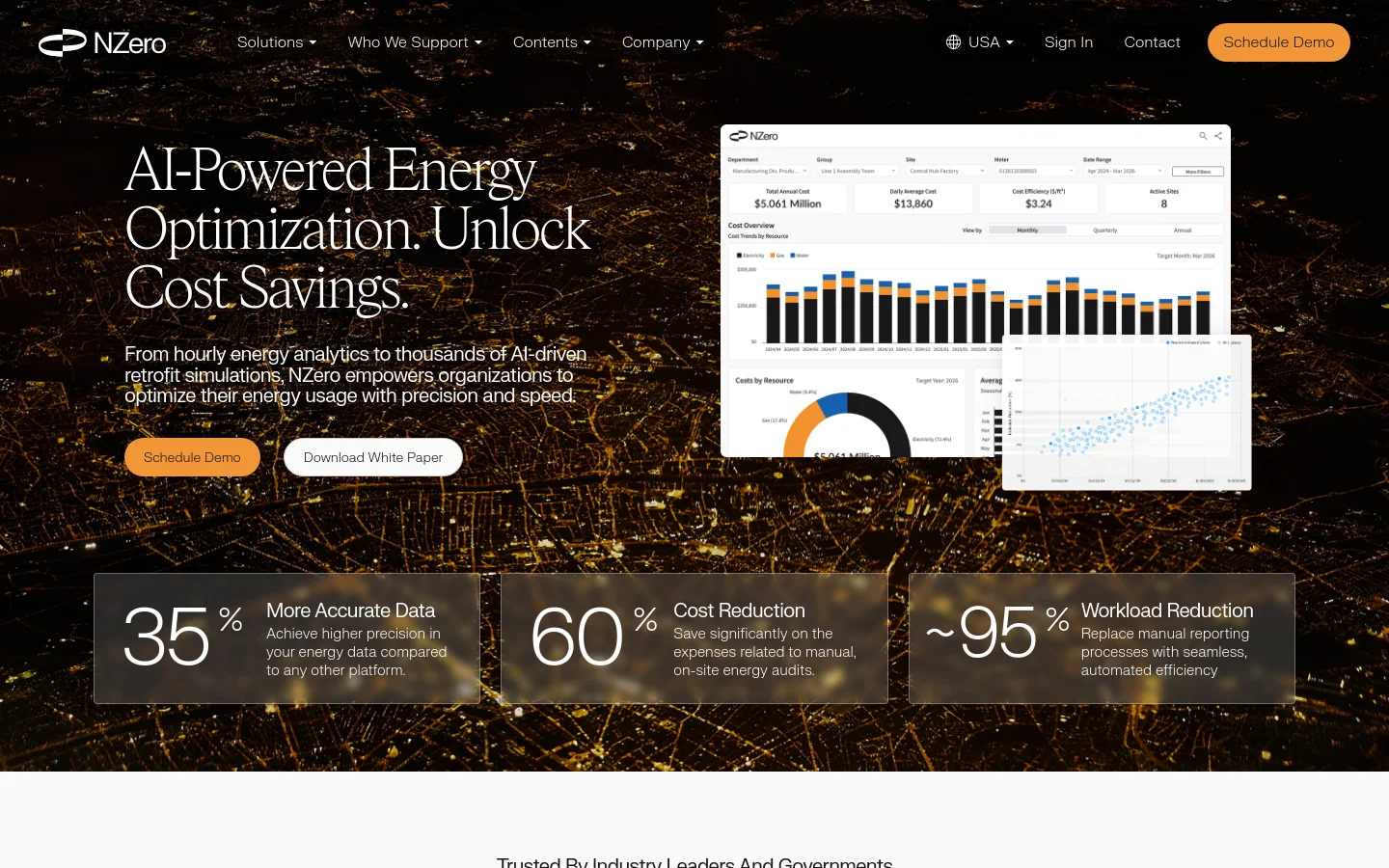 The desktop homepage features a dark, aerial night view of a city as a background. A hero section includes the headline 'AI-Powered Energy Optimization. Unlock Cost Savings,' two call-to-action buttons, and a large screenshot of an energy analytics dashboard. Below, three statistics cards highlight 35% more accurate data, 60% cost reduction, and ~95% workload reduction.