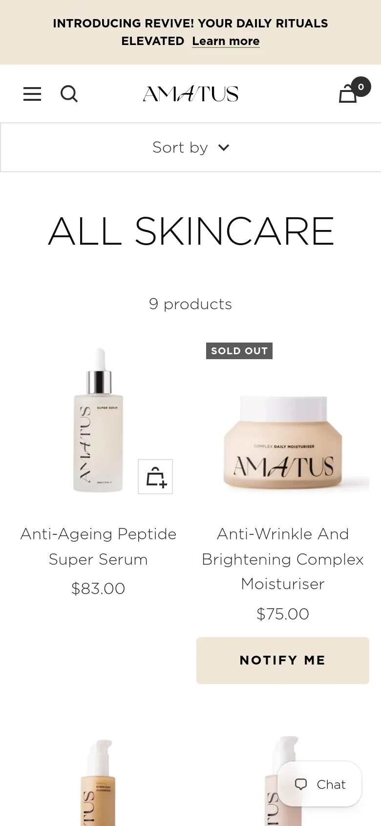 The mobile version presents a simplified, single-column layout optimized for vertical scrolling. The header is condensed into a hamburger menu, search icon, and shopping bag, while the 'All Skincare' title remains centered. The product grid shifts to a narrower view, and a prominent 'Notify Me' button appears for sold-out items, with a floating 'Chat' button in the bottom right corner.