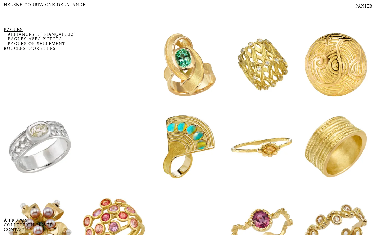 The desktop view shows a jewelry catalog for rings on a clean white background. A grid of high-resolution product images features various gold and silver rings with gemstones, accompanied by a left-hand navigation menu. The brand name 'HÉLÈNE COURTAIGNE DELALANDE' is prominently displayed at the top.